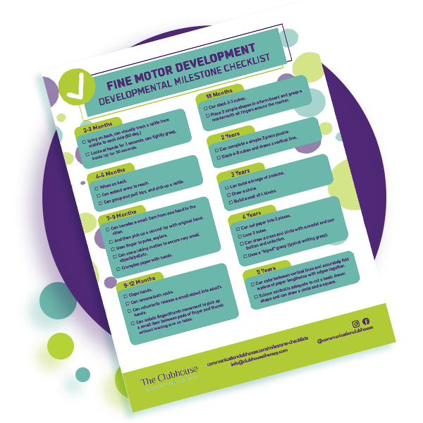 Preview of Fine Motor Development Milestone Checklist provided by Communication Clubhouse Therapy