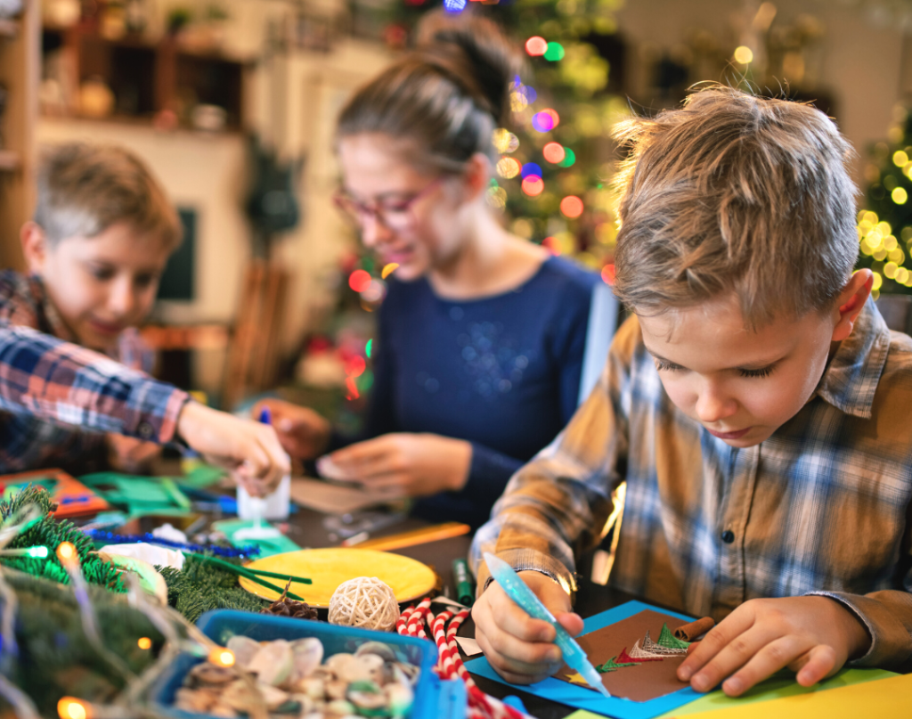 family working on winter crafts